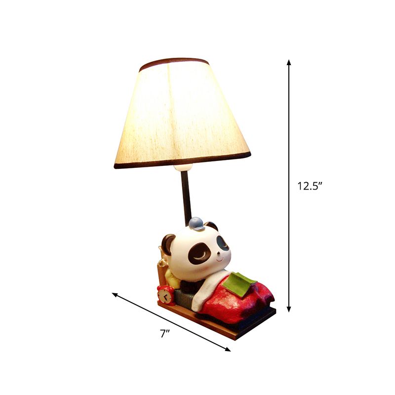 Sleeping Panda Bear Resin Table Light Cartoon 1 Head Black-White Nightstand Lamp with Cone Fabric Lamp Shade