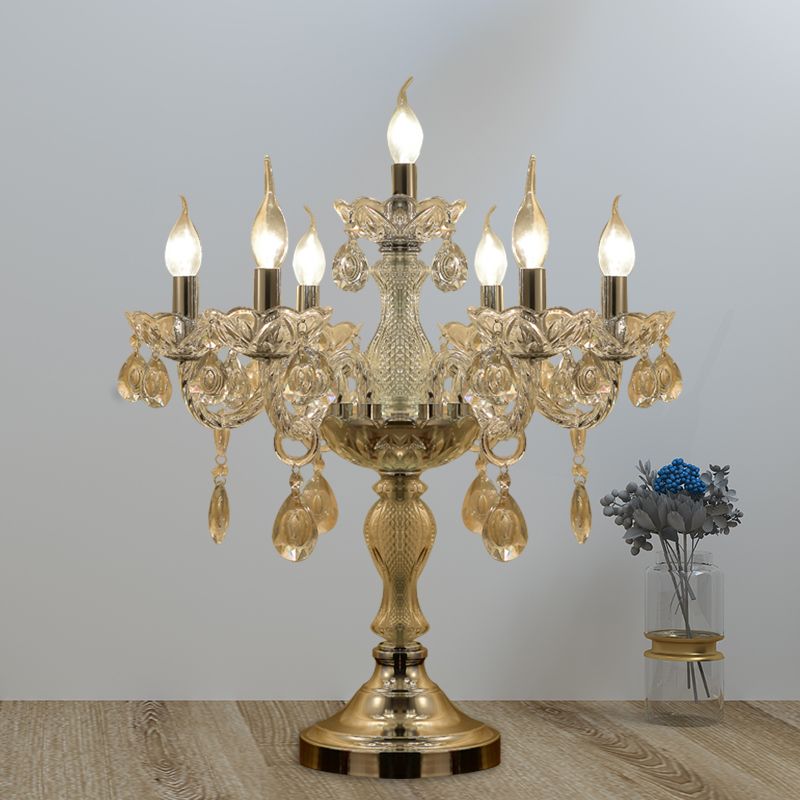 Candelabra Schlafzimmer Tisch Licht traditioneller klarer Kristall 5/6/7 Köpfe Chrome Night Stand Lampe
