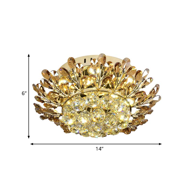 Cognac and Clear Crystal Gold Ceiling Lamp Branch LED Contemporary Flush Mount Lighting Fixture in Gold for Living Room