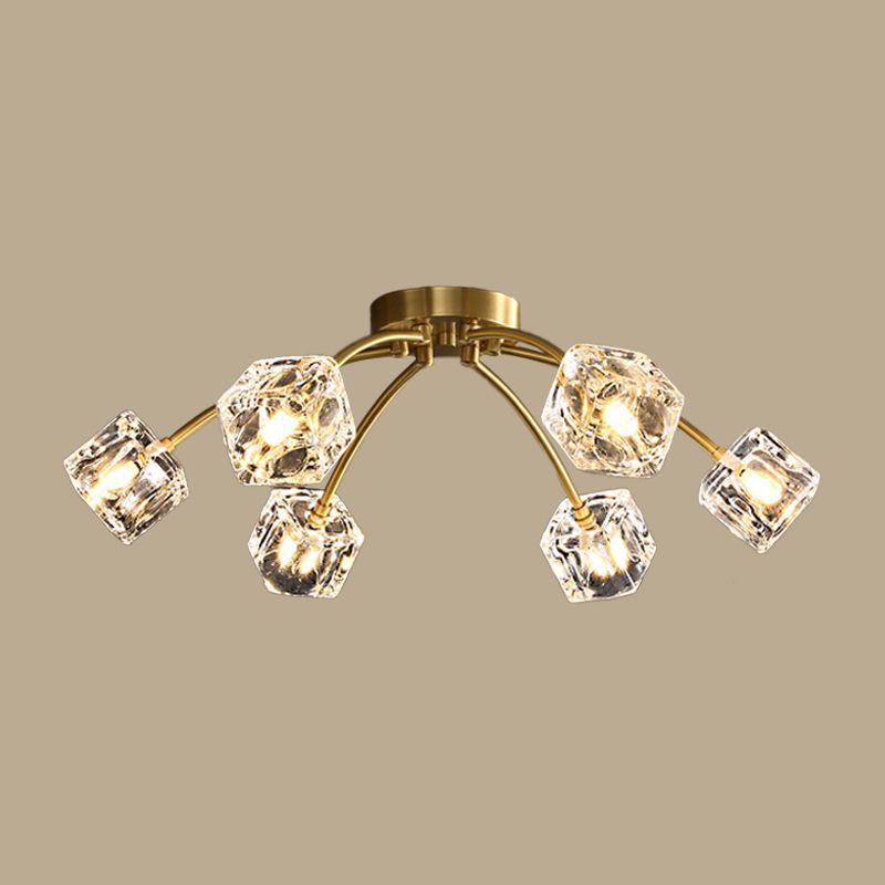 Brass Starburst Ceiling Mount Light Postmodern Crystal Cube 6/10 Heads Living Room Semi Flush Mounted Lamp