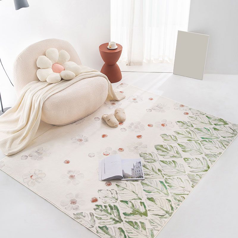 White Floral Print Area Rug Modern Polyester Area Carpet Non-Slip Backing Rug for Living Room
