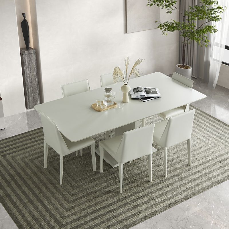 White Stone and Steel Dinner Table Rectangle Pedestal Casual Dining Table