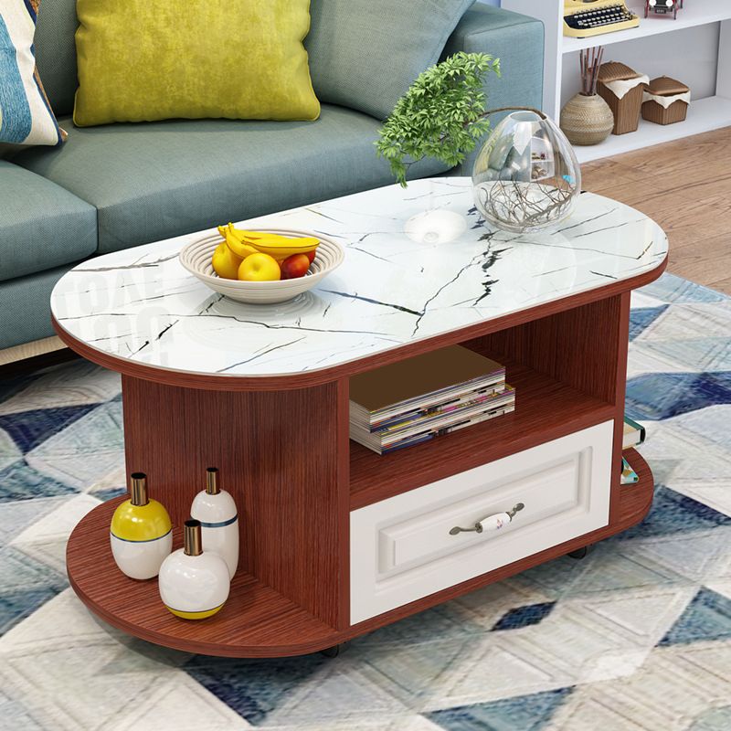 modern oval gals top coffee table with shelf and drawer and Casters