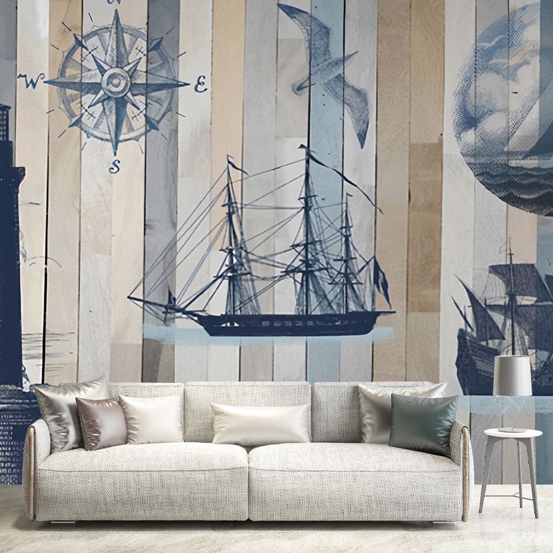 Extra Large Retro Wall Mural in Blue and Grey Beacon and Sailing Boat Wall Covering, Custom-Made