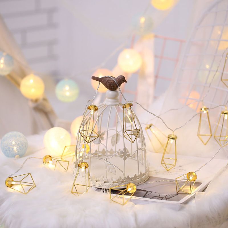 Geometric Cage Iron LED Fairy Lamp Artistic Gold Battery Powered String Light for Girls Bedroom