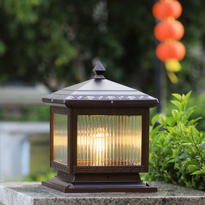 Rectangular Shape Metal Solar Pillar Lamp Modern Style 1 Light Outdoor Lights in Brown