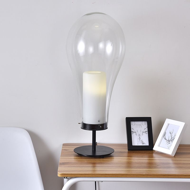 Glühbirnenform kleiner Schreibtisch Leichtes einfaches Stil klares Glas einzelner schwarzer Tischlampe für Schlafzimmer