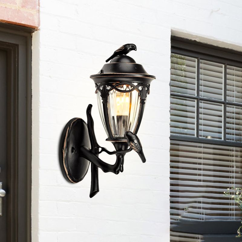Clear Glass Urn Wall Sconce Countryside 1 Light Patio Wall Lighting in Black with Bird Decor