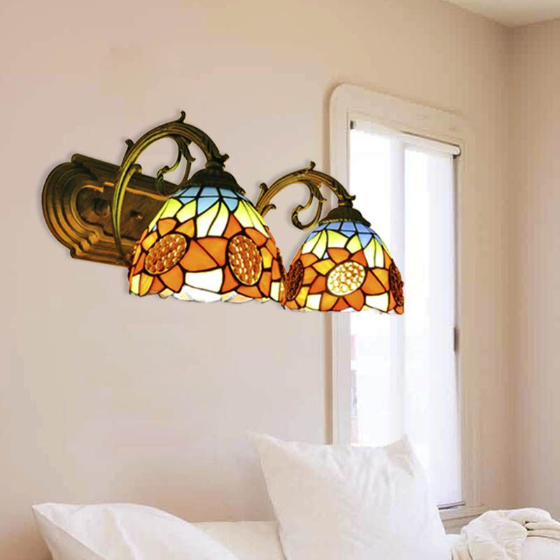 Sunflower Wall Lighting with Stained Glass Bowl Shade 2 Lights Loft Sconce Light in Orange