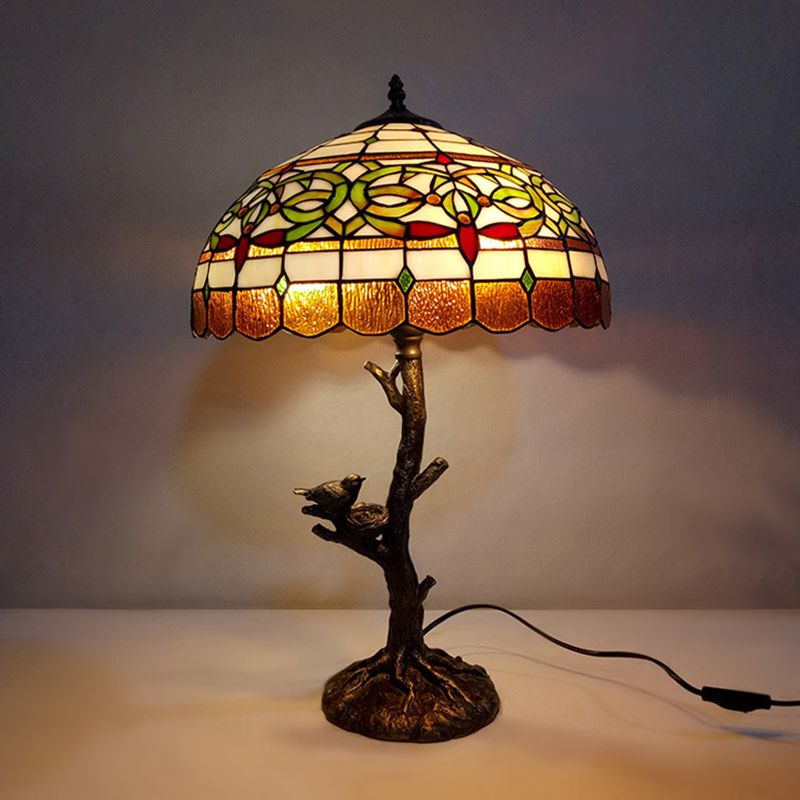Stained Glass Brass Table Light Leaf/Rose/Peony Single Head Tiffany Style Nightstand Lamp for Bedroom