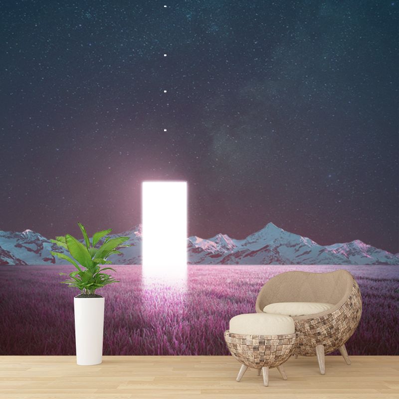 Futuristic Night Lavender Field Mural Pink-Blue Time Travel Wall Covering for Bedroom
