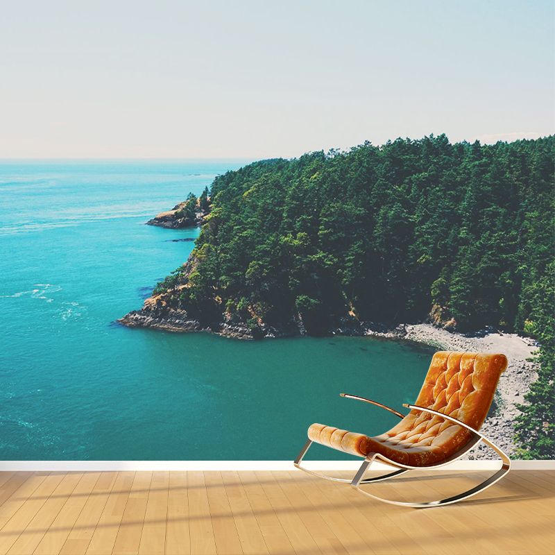 Blue-Green Seascape Wall Mural Forest Bay Modern Stain Resistant Wall Art for Home