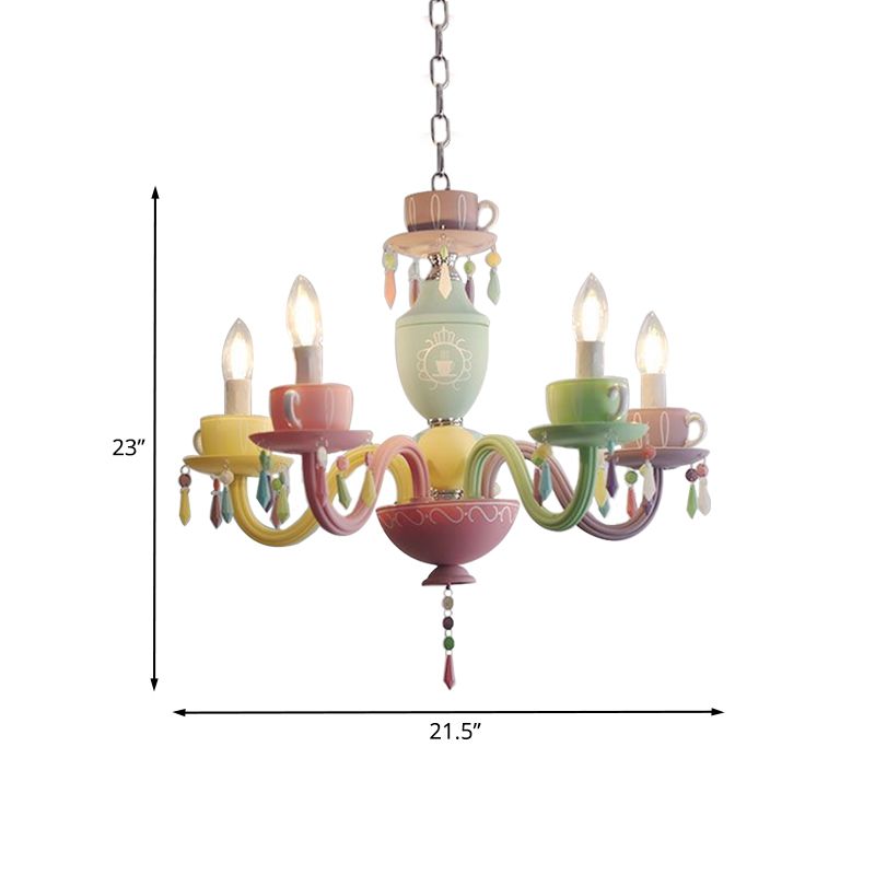 Macaroon Cup Crystal Chandelier 5/6 Lights Pendant Lighting Fixture in Blue-Yellow-Green-Pink