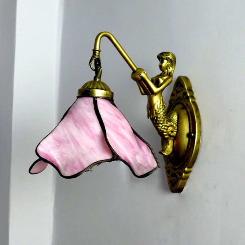 1 Head Petal Wall Mount Lighting Tiffany Blue/Clear/Pink Glass Sconce Light Fixture with Mermaid Backplate