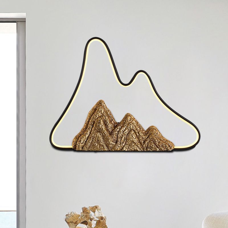 Geometric Shaped Ironic Mural Light Oriental Style LED Black and Gold Wall Lamp with Mountain Pattern