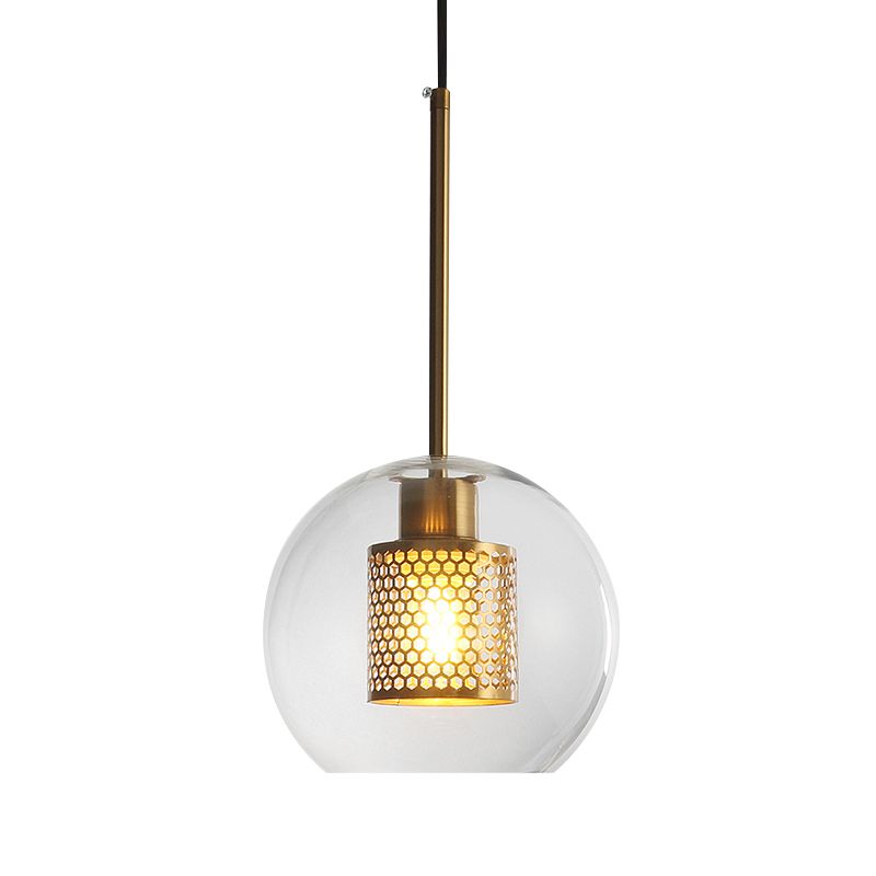 Simple Orb Shade Pendant Light with Cylinder Mesh Screen 1 Light Glass Hanging Lamp for Hallway