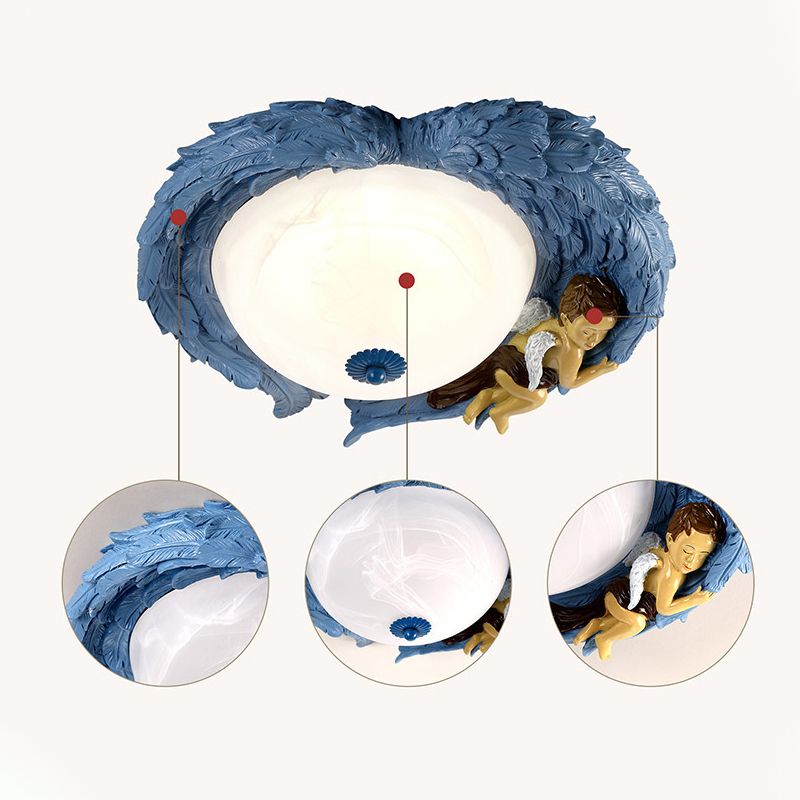 Resin Wing Flush Mount Light with Angel Child Bedroom Romantic Ceiling Lamp