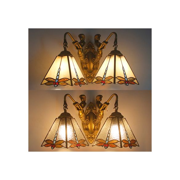 2 Heads Pyramid Sconce Lighting Tiffany White/Clear Glass Wall Mounted Light with Dragonfly Pattern