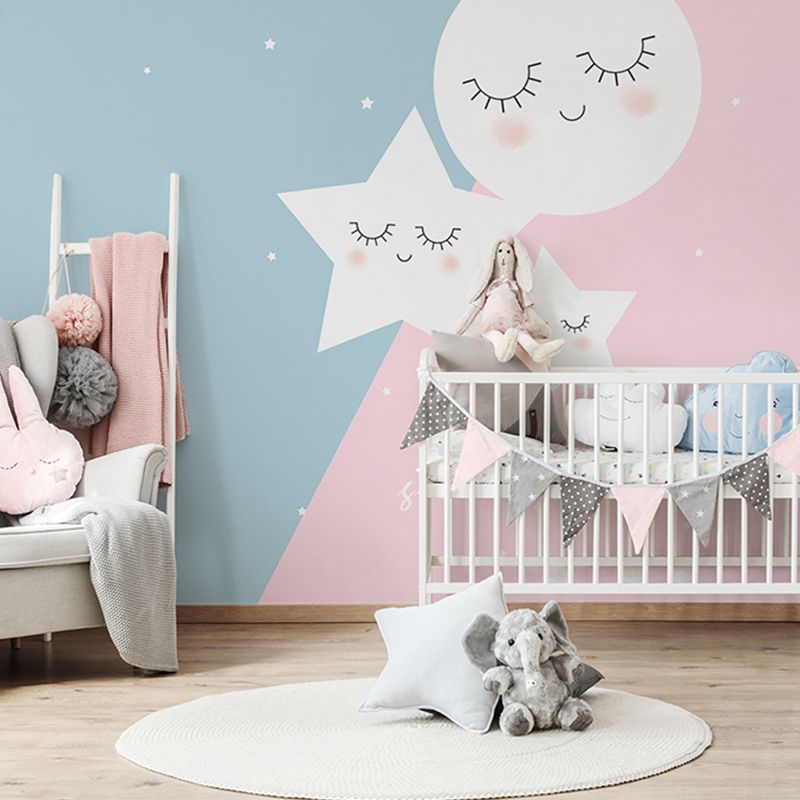 Cartoon Star and Moon Mural for Kids, Pink and Blue, Personalized Size Available