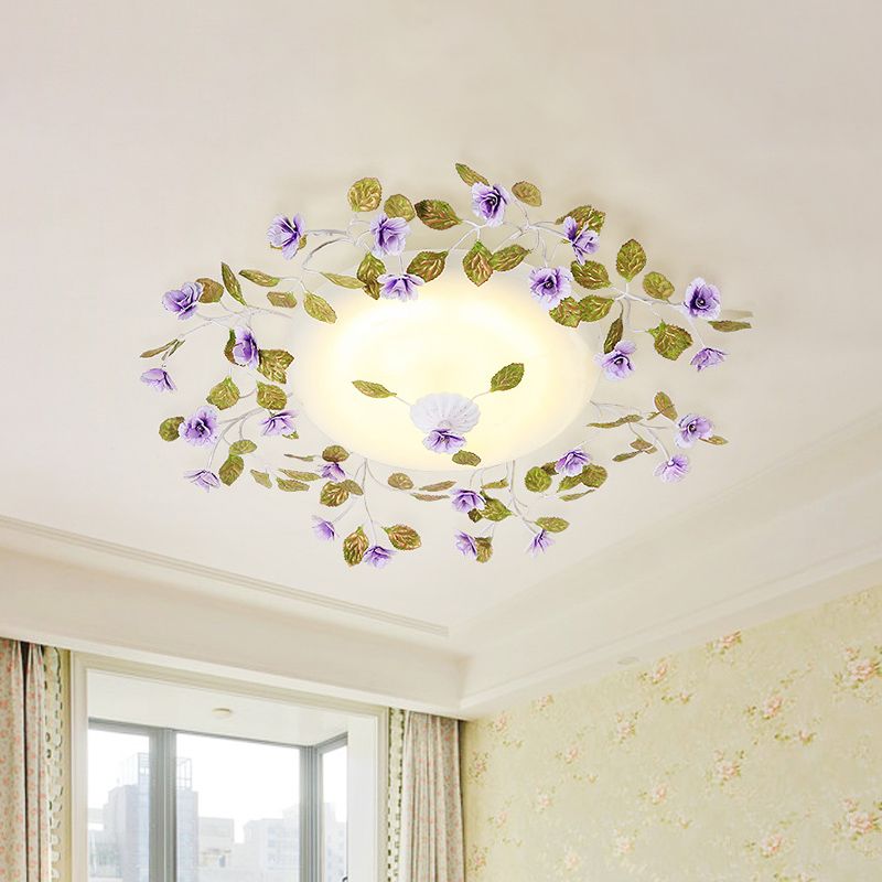 LED White Glass Semi Flush Countryside Purple Domed Bedroom Flush Ceiling Light with Flower and Leaf, 23"/28" W
