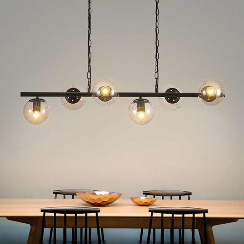 Industrial Black Island Light Globe 6 Lights Island Pendant with Glass for Dining Room