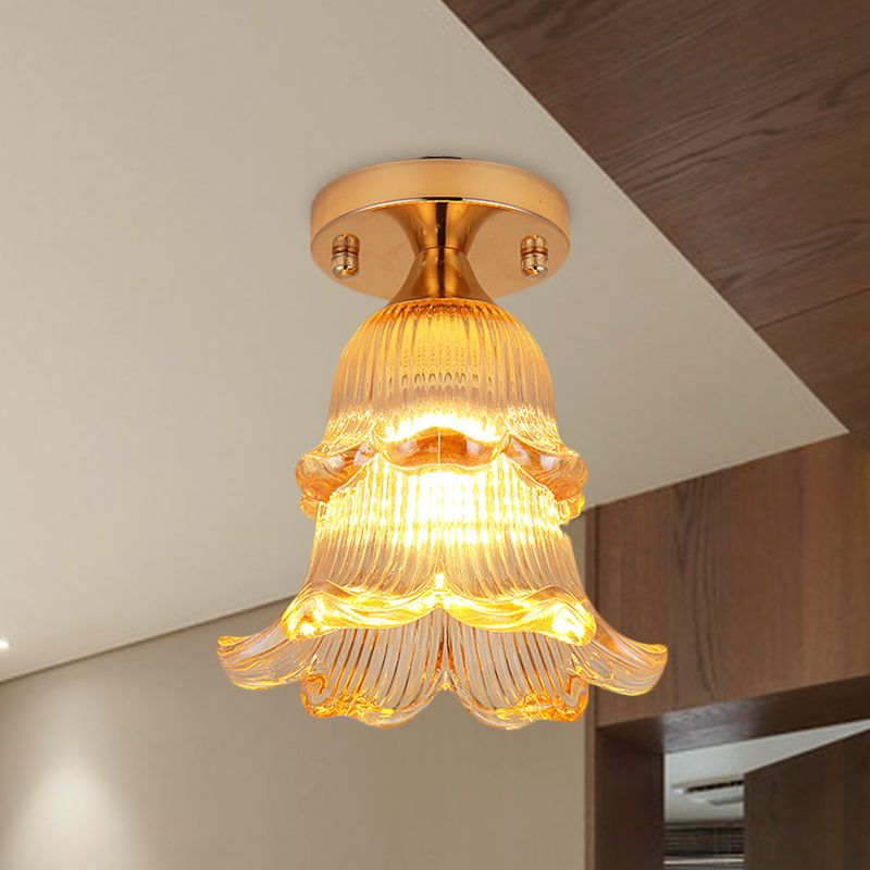 Flower Corridor Flush Mount Light Simple Amber Crystal 1 Bulb Gold Ceiling Mounted Fixture