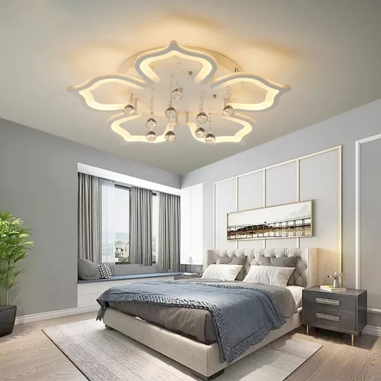 White Lotus Flush Ceiling Light Modernity LED Acrylic Semi Flush Mount with Crystal Decor