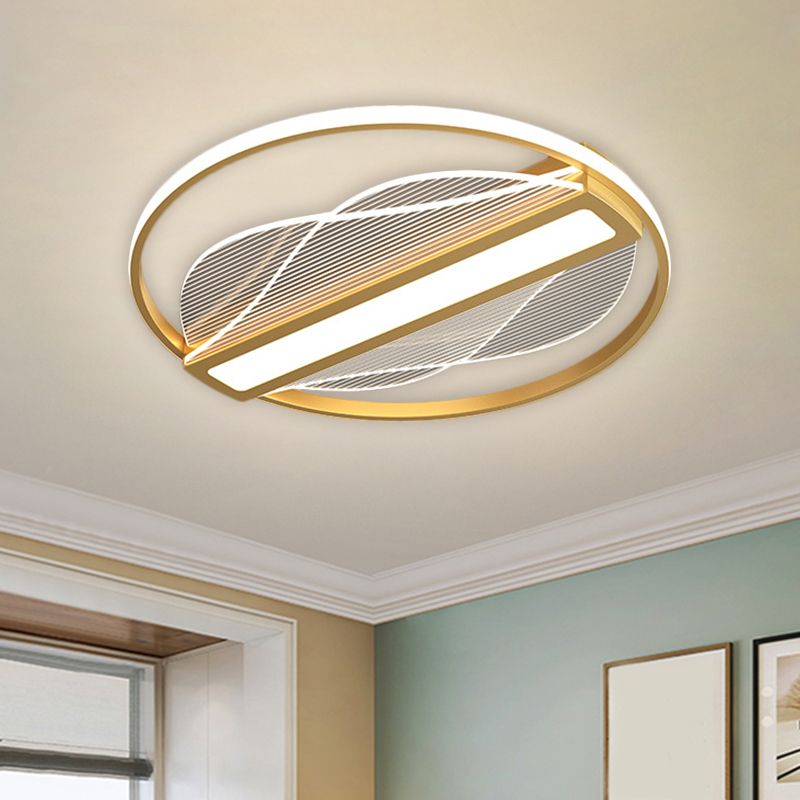 Circular Flush Mount Fixture Modernist Metallic 18"/21.5" Wide LED Gold Ceiling Lighting with Inner Bar Design in Warm/White Light