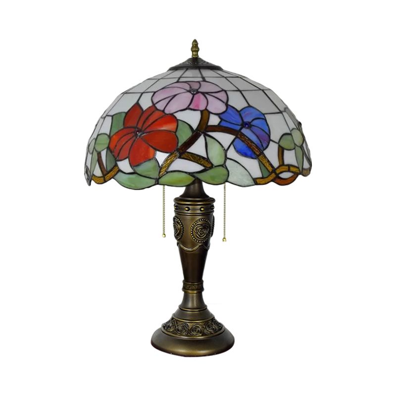 Lampe de nuit en verre rouge / orange en dôme Tiffany 2 lumières Bronze Pull Chain Table Lighling avec base sculptée