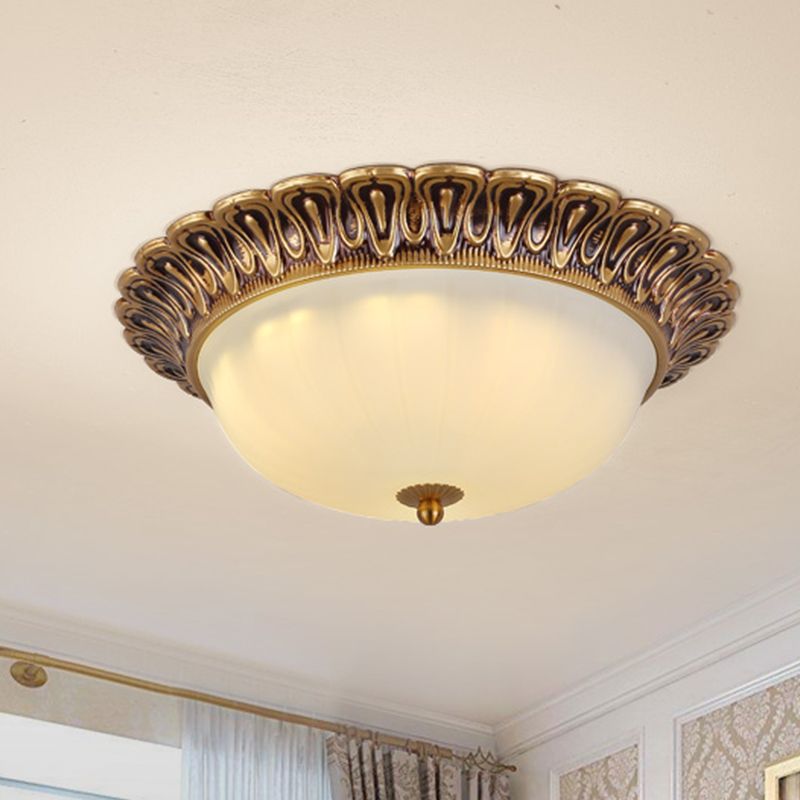 Minimalist Bowl Shaped Flushmount 2/3 Lights White Cloud Glass Ceiling Lighting Fixture with Brass Scalloped Trim