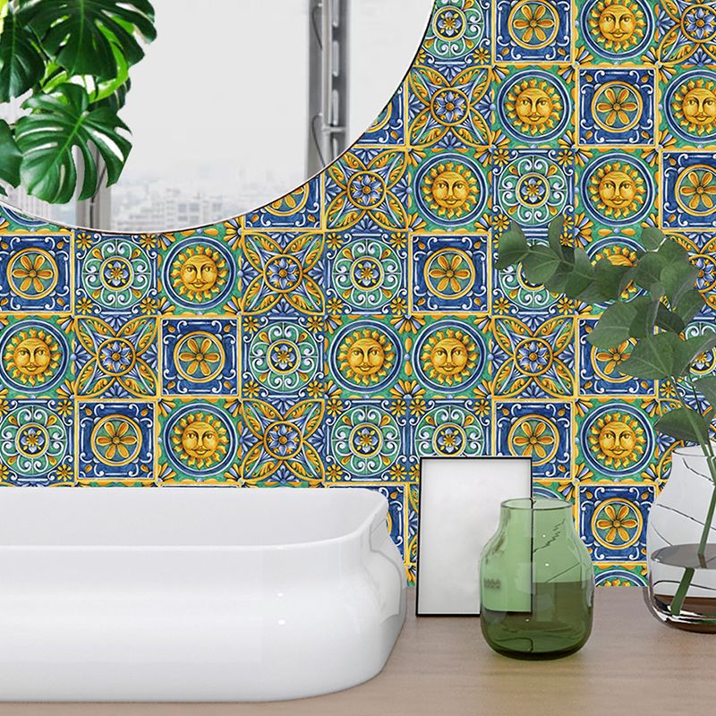 Boho Egyptian Tribal Pattern Wallpapers Green Sun and Flower Self-Sticking Wall Decor, 10 Pieces