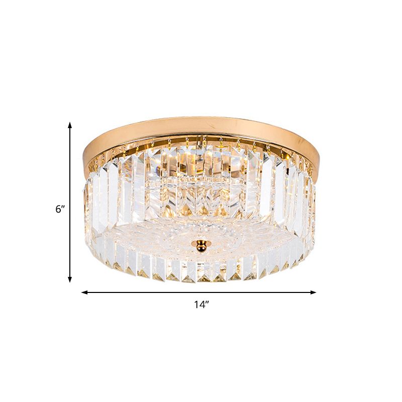 LED Drum Shade Flush Mount Lamp Modernist Metal Flush Ceiling Light with Clear Crystal Prism in Gold Finish, 14"/18" Wide
