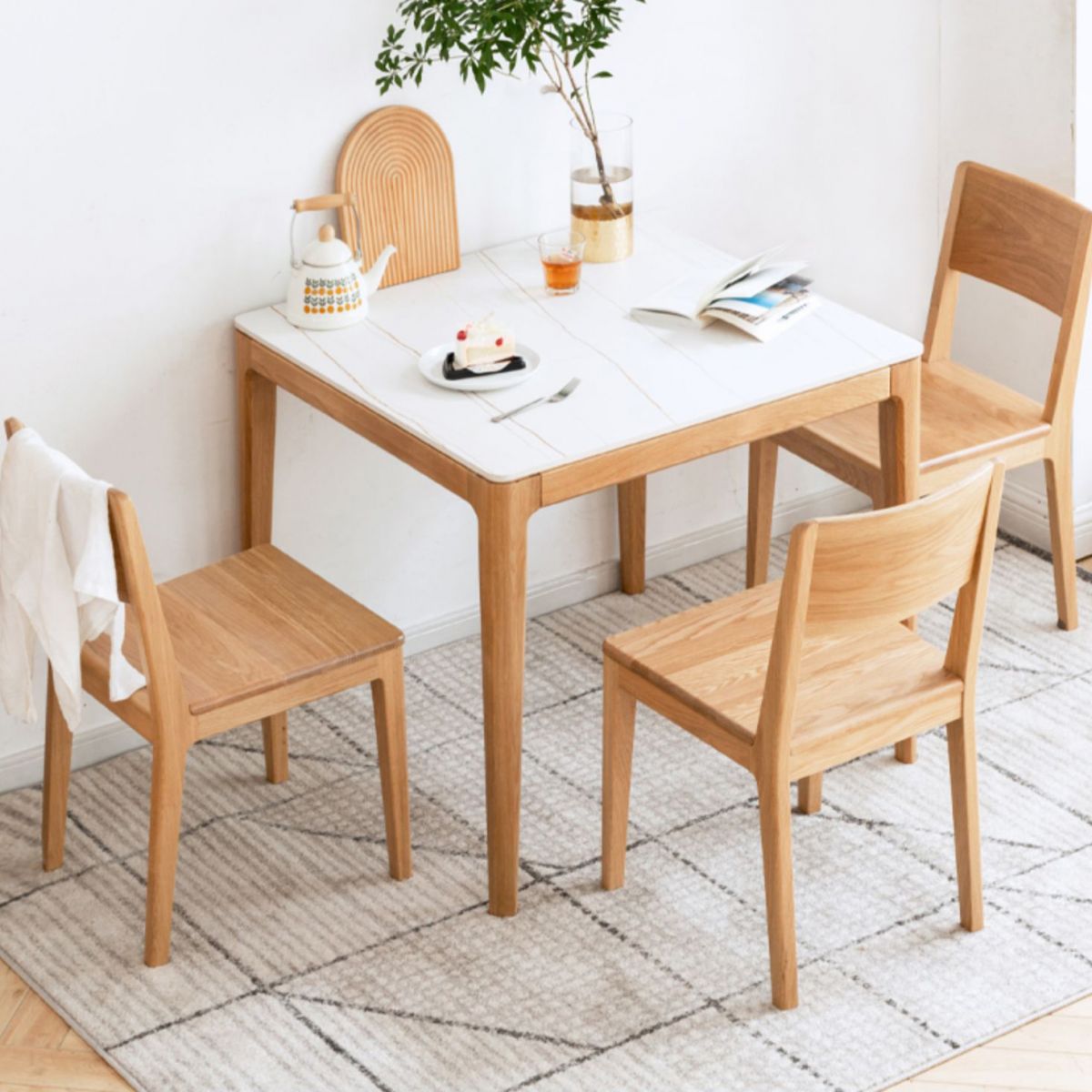 Modern Square White Stone Tabletop Dining Table with 4 Oak Legs
