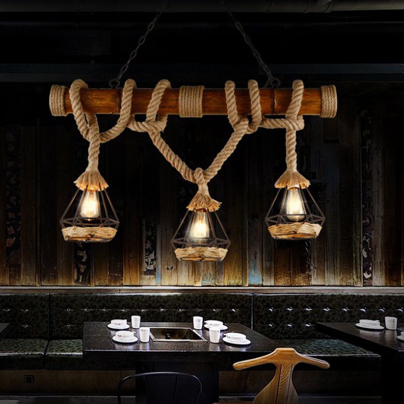 3 - Head Industrial Kitchen Island Fixture Hemp Rope Ceiling Pendant Light