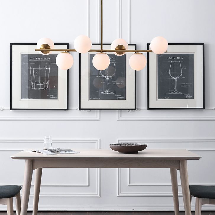 7 Light Modern Gold Metal Island Pendant Lighting Spherical White Glass Island Ceiling Light for Dining Table