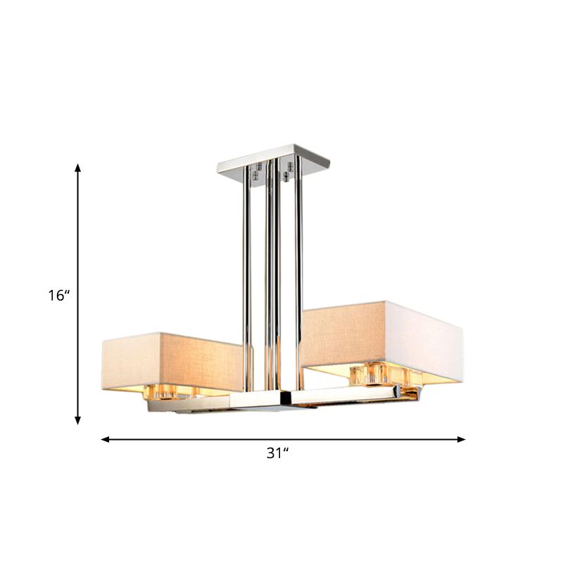 Fabric Chrome Hanging Pendant Light Rectangle 2/4/6 Bulbs Classic Island Lamp for Dining Room