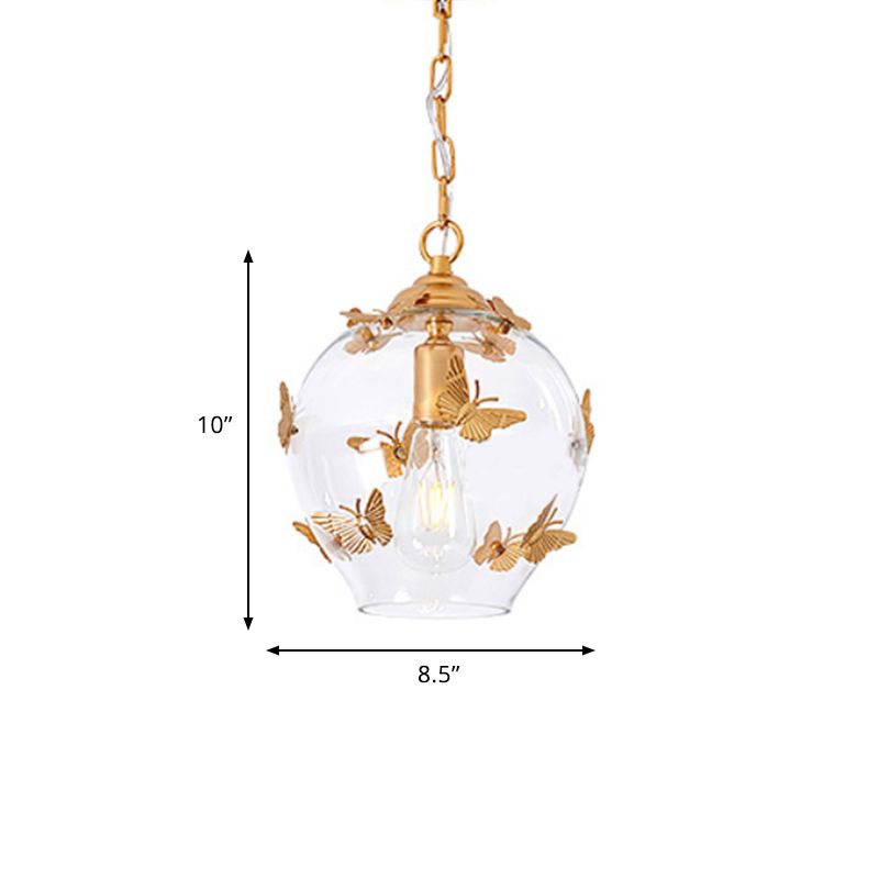 Contemporary Bud Drop Pendant Light Clear Glass 1-Light Bedroom Suspension Lamp with Butterfly Deco