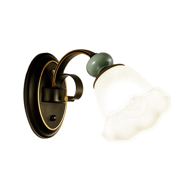 1/2 Bulbs Wall Mounted Light Retro Style Flower Frosted Glass Wall Lighting Ideas in Black with Swooping Arm