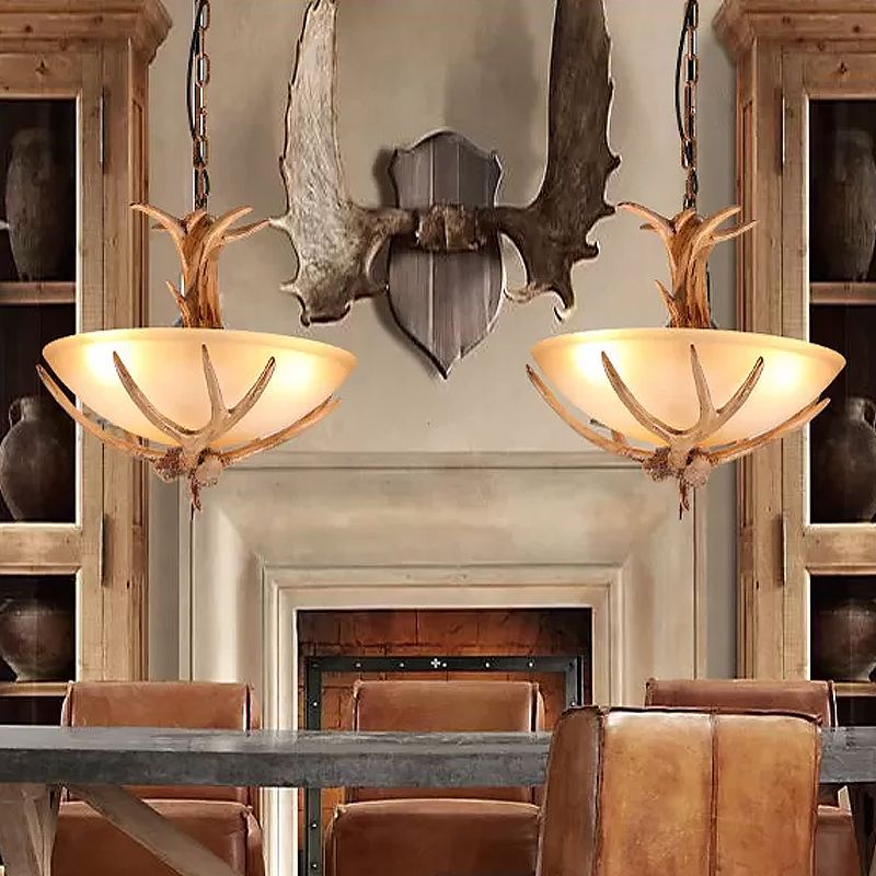 Bowl Frosted White Glass Drop Lamp Rustic 3-Light Dining Room Antler Pendant Chandelier in Brown