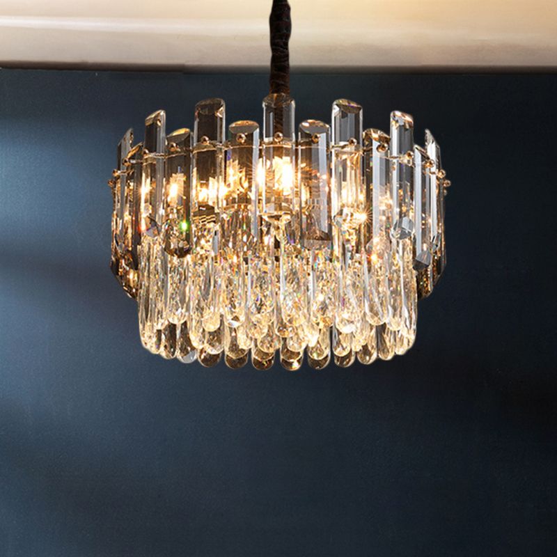 Clear Drum Suspension Lamp Modern Crystal Prismatic 6 Bulbs Dinning Hall Chandelier Light Fixture