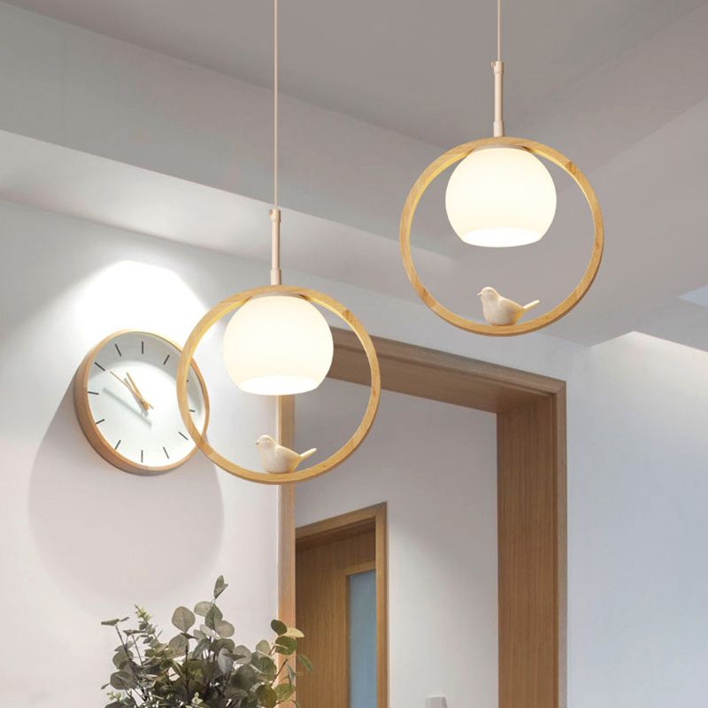 Dome Shade White Glass Pendant Nordic Style Wood Suspension Light with Ring and Bird