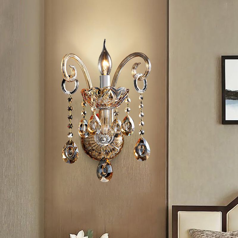 Amber Glass Candle Sconce Light Modernism 1/2 Heads Bedroom Wall Light Fixture with Crystal Drip Accent