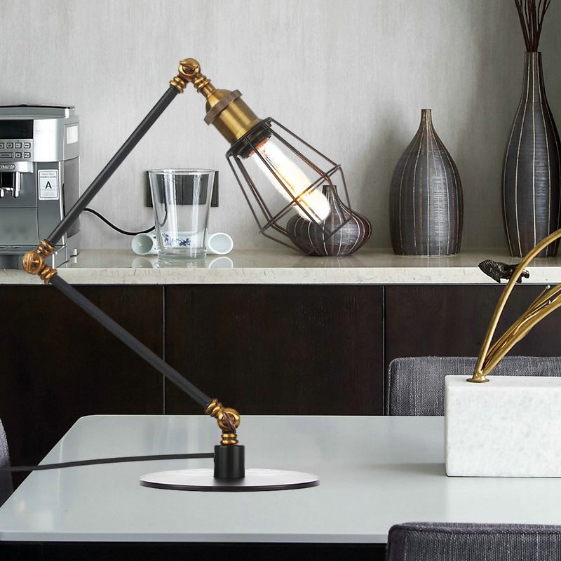 Wire Frame Table Lighting Industrial Style Metal 1 Light Black/Brass Finish Table Lamp with Adjustable Arm