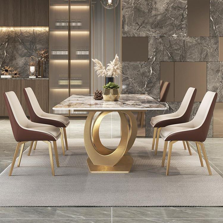 Glossy Beige Dining Table Set 1/2/5/7 Pcs Glam Dinette Set with Leather Chairs