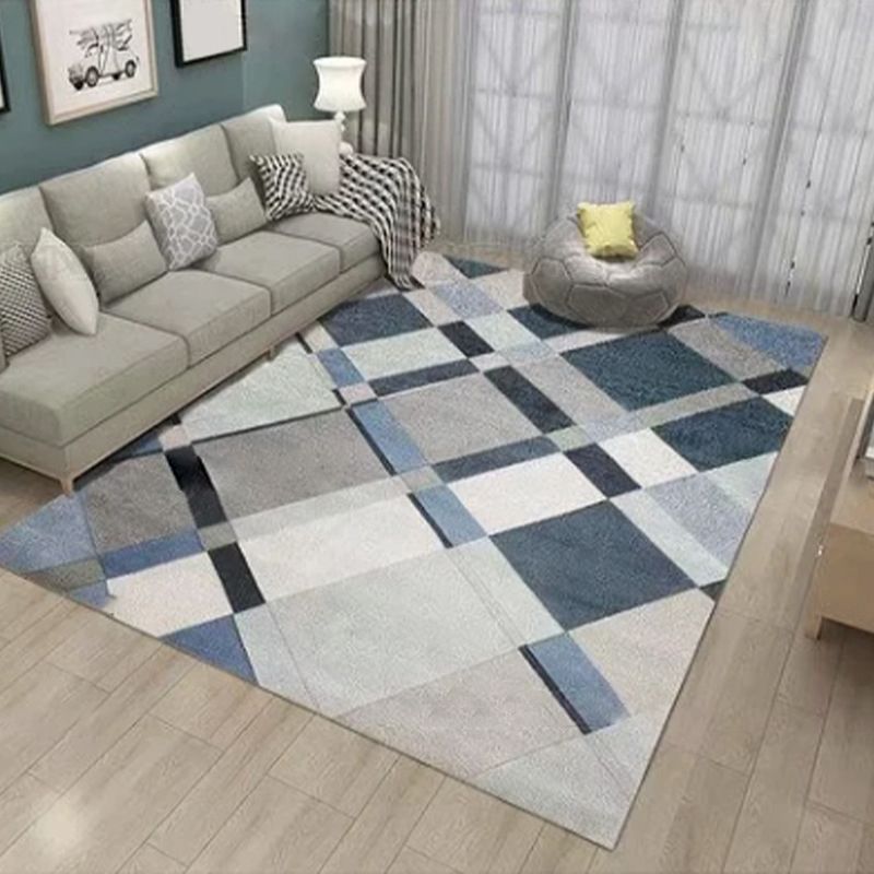 Modern Geometric Pattern Carpet Blue Polyester Area Rug Non-Slip Backing Rug for Home Decor