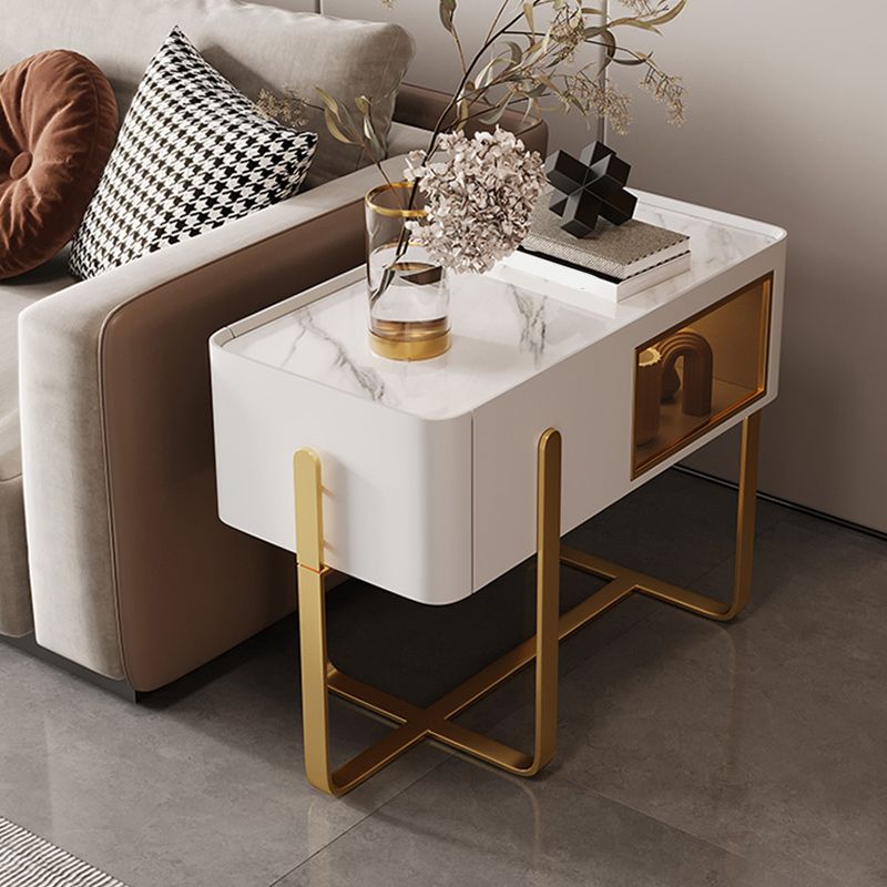 Frame Glam Style Side Table 23.62" Tall Stone Top Side Table with Storage
