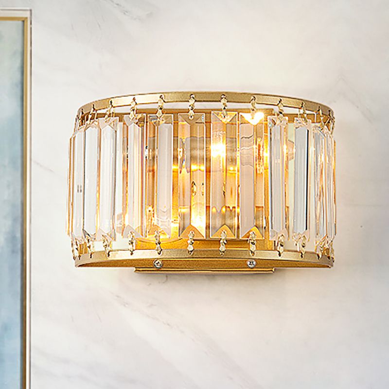 Drum Shaped Wall Sconce Fixture Modern Style Clear Crystal 1 Light Living Room Sconce Lighting in Brass