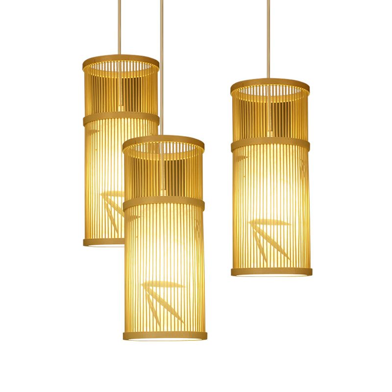 Cylindrical Restaurant Pendant Light Bamboo 1 Head Chinoiserie Hanging Light