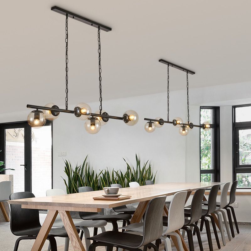 Industrial Black Island Light Globe 6 Lights Island Pendant with Glass for Dining Room