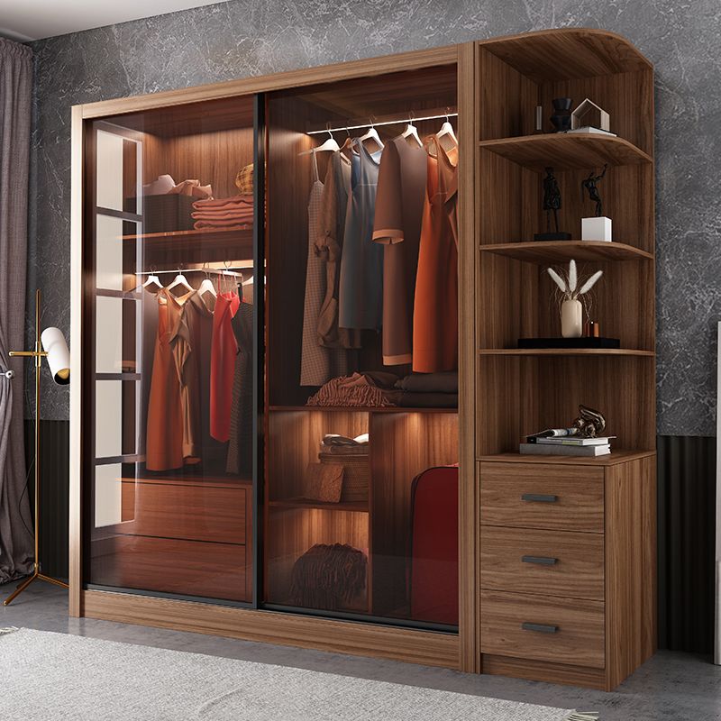 Bedroom Sliding Door Wardrobe Modern Brown Cabinet with Glass Doors
